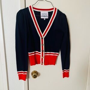 Alexia Admor Navy Cardigan with Red and White Trim